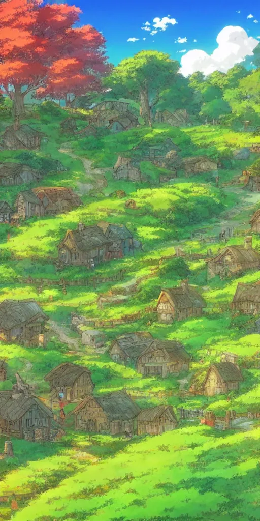 Prompt: anime screenshot wide-shot landscape hobbit village, Shire, beautiful ambiance, golden hour, studio ghibli style, by hayao miyazaki, sharp focus, highly detailed,