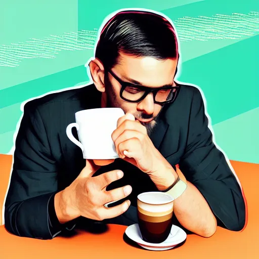 Prompt: portrait of a handsome startup CEO having a cup of coffee. cyberpunk style, digital art