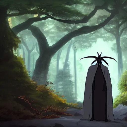 Image similar to concept art painting of an anthropomorphic dragon king with black robes, a long neck, and skull mask, in a deep forest, cel shaded, in the style of makoto shinkai and james gurney and studio ghibli and moebius