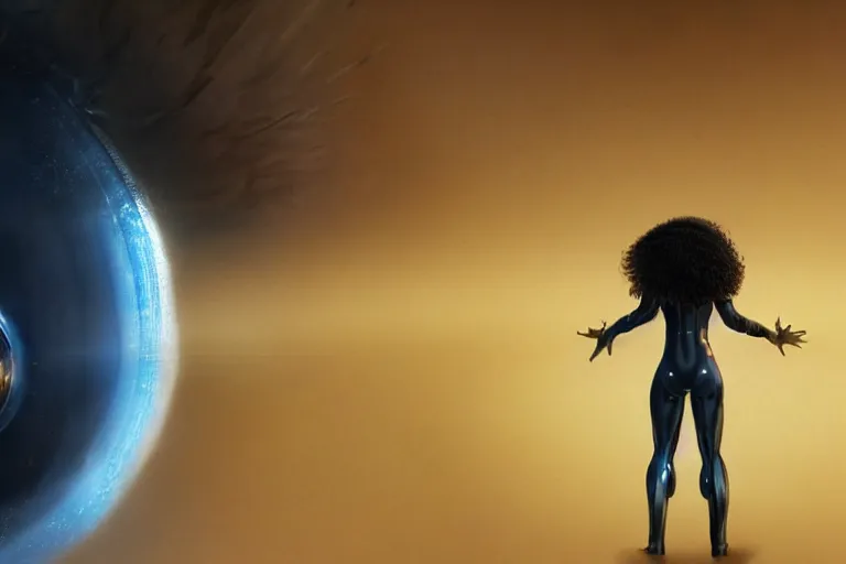 Image similar to a black man with long curly hair standing in front of a black hole horizon, time collapsing. neofuturistic highly detailed, digital concept art, Dimensional cyan gold natural light, sharp focus, Golden Ratio illustration, realistic concept art by Stephen Hickman and James Gurney and Hiromasa Ogura Ghost in the Shell rendered in Octane Render, From the distance