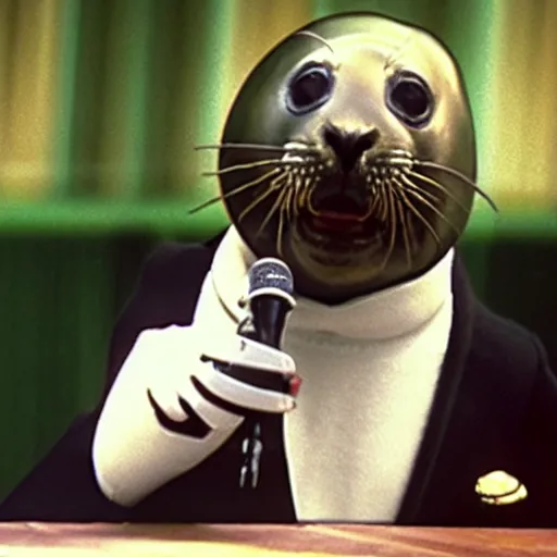 Image similar to 8 0 s british game where a seal with microphone is the show host seals as contestants, the seal of fortune