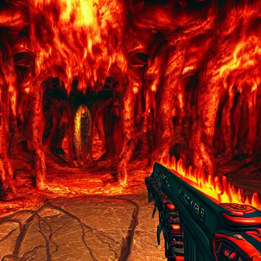 Prompt: photo of my vacation in hell. Doom style.