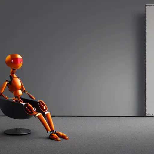 Image similar to futuristic lonely humanoid robot with huge comically sad OLED eyes and open rectangular mouth sits facing left reading a hardbound leather book on a comfortable midcentury chair. Cinematic Lighting, Cinematic Movie Photograph, Arri Alexa, Extremely Detailed, smooth, very very clean, simple, 8K, octane render, maya render, unreal engine, trending on artstation, DSLR