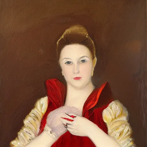 Prompt: an oil painting of a woman seated in profile, holding a small white ermine in her left hand. She is dressed in a lavish red and gold gown, and her dark hair is pulled back from her face in a severe style. Her expression is one of calm detachment, and she stares straight ahead with a slight smile on her lips. The painting is executed in the Renaissance style, with the sitter placed within an ornate setting. light and shadow creates a sense of depth and volume, and the use of color is quite striking. The lady's gown is a rich red, which contrasts sharply with the white of the ermine. There is a great deal of detail in the painting, from the folds of the lady's gown to the individual hairs of the ermine's coat.
