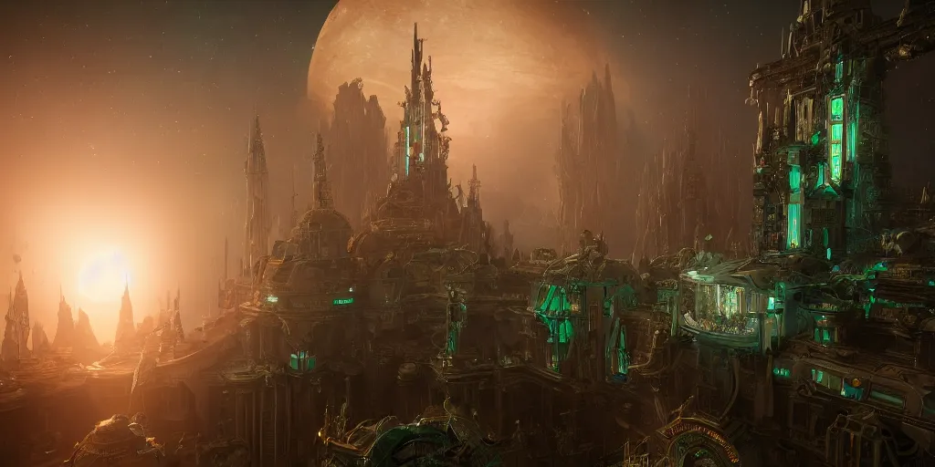 Image similar to cinematic shot of a sci-fi space station with ornate Elven architecture floating in outer space, epic castle, epic nebula, artstation, sharp focus, realistic 8k, emerald, crystalline, octane render, nvidia raytracing demo