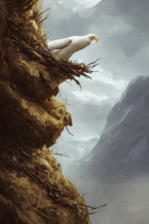 Image similar to portrait of majestic white eagle on his Nest in the mountains, Single face, dramatic lighting, cinematic, establishing shot, extremly high detail, photo realistic, cinematic lighting, post processed, concept art, artstation, matte painting, style by eddie mendoza, raphael lacoste, alex ross