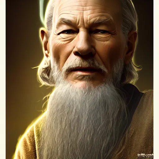 Image similar to patrick stewart as gandalf by leonardo divinci, greg rutkowski, alphonse mucha, mystical cosmic lighting, octane render, artstation, rey tracing, golden ratio, rule of thirds, perfect composition