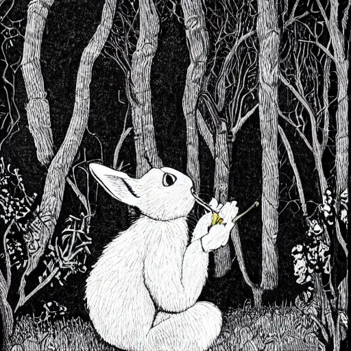 Image similar to precisely drawn, fine detailed, intense line work, drawing of a white bunny smoking a big cigarette in the deep tangled forest, by edward gorey, 3 d isotmetric, black ink on white paper