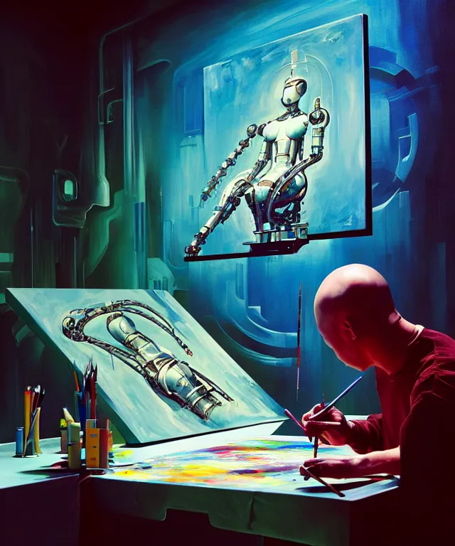 Image similar to photo of futuristic holy futuristic cyborg - robot - painter - artist creating a painting with acrylic paint and brushes in a futuristic artist studio by h. r giger, by, rich deep colors. masterpiece, intricate artwork by tooth wu and wlop and beeple, gaspar noe, james cameron,