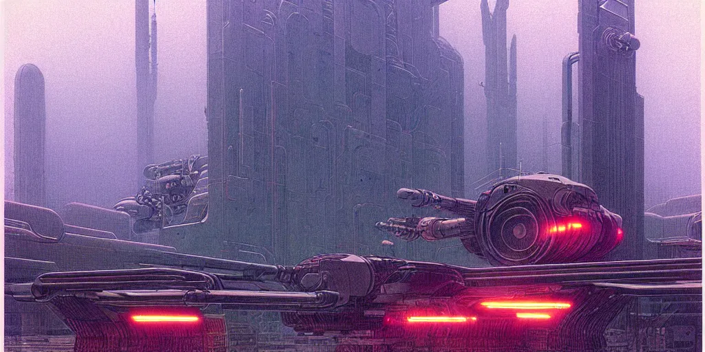 Image similar to grainy risograph matte painting of gigantic huge mech covered with rocket launchers, 5 th element, gattaca, pastel matte colors, staying in the foggy huge parking station, by moebius, hyperrealism, intricate detailed