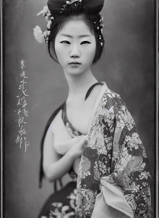 Prompt: a wet plate of a young asiatic woman shoulder, undressed, geisha, traditional dress, flowers, photorealistic, cinematic light, highly detailed, smooth, sharp focus, illustration, shallow depth of field