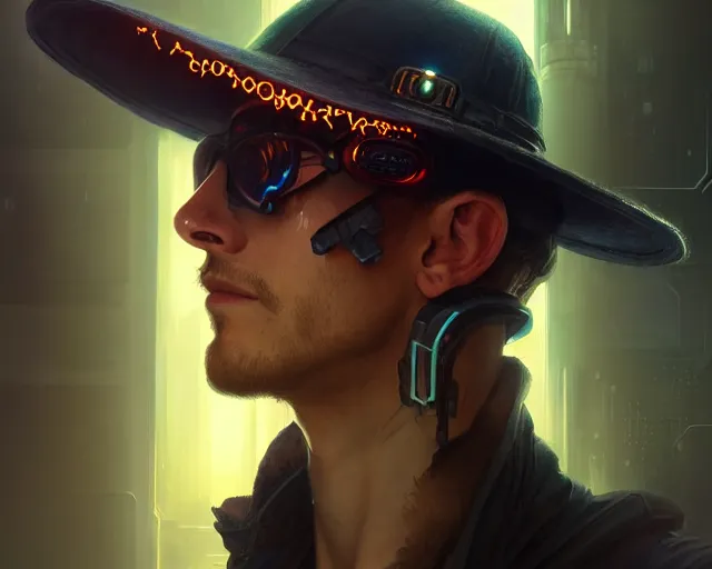 Image similar to man wearing a cyberpunk hat, deep focus, d & d, fantasy, intricate, elegant, highly detailed, digital painting, artstation, concept art, matte, sharp focus, illustration, hearthstone, art by artgerm and greg rutkowski and alphonse mucha