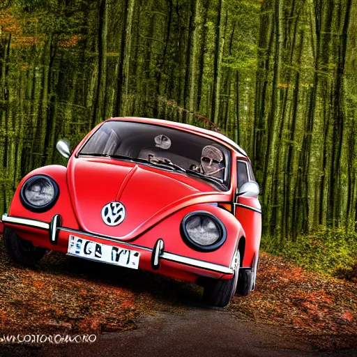 Image similar to promotional scifi - blockbuster movie scene of a ladybug ( volkswagen beatle ) hybrid, flying down a dusty backroad in smokey mountains tennessee. cinematic, muted dramtic color, 4 k, imax, 7 0 mm, hdr