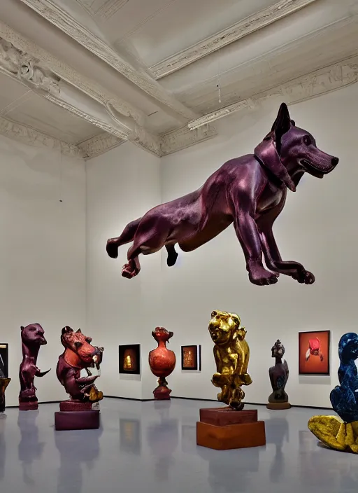 Image similar to a museum room with sculptures of velvet dogs made by koons