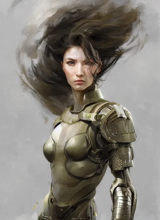 Image similar to a professional painting of a beautiful young female, clothed in military armor, olive skin, long dark hair, beautiful bone structure, symmetrical facial features, intricate, elegant, digital painting, concept art, smooth, sharp focus, illustration, from Metal Gear, by Ruan Jia and Mandy Jurgens and Artgerm and William-Adolphe Bouguerea