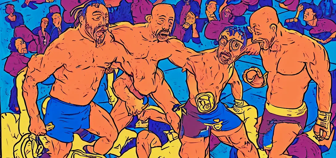 Image similar to Sam Hyde sparring with Joe Rogan, Mike Judge art style, 90's mtv illustration, clean illustration with thick lines, vivid complementary colors