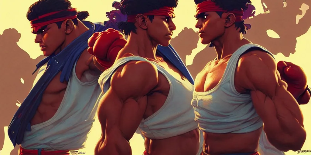 Prompt: a 1 9 8 0 s gang street fighter, highly detailed, digital painting, artstation, concept art, matte, sharp focus, illustration, art by artgerm and greg rutkowski and alphonse mucha