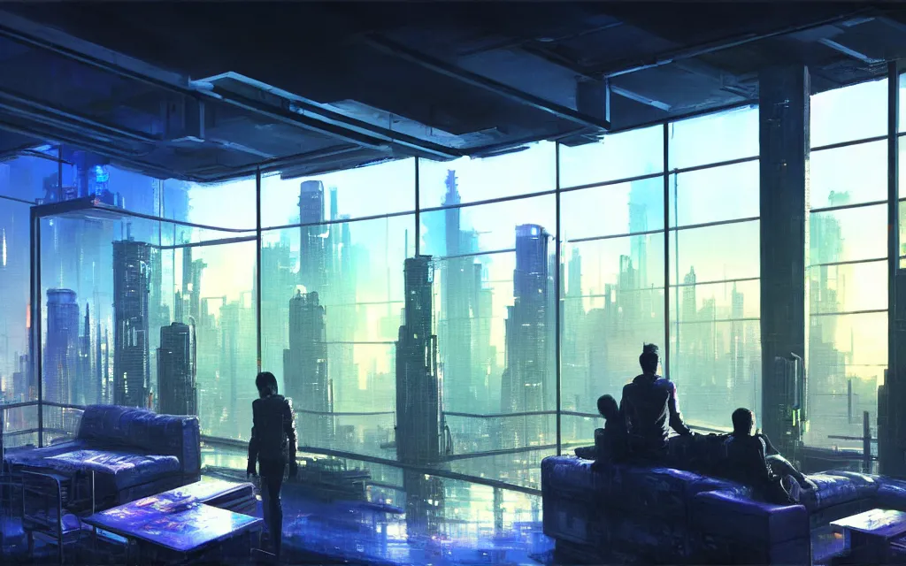 Image similar to cyberpunk loft lounge with tall windows, few people, city in background, drawn by feng zhu, sparse plants, dim painterly lighting volumetric aquatics, impasto