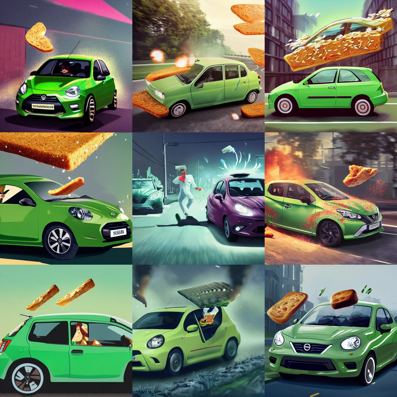 Prompt: PewDiePie driving in his brand new green Nissan Micra while throwing slices of bread from the car, painted by Mike Winkelmann