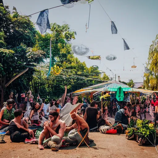 Prompt: solarpunk utopia, village celebration with high technology fusion generator, vege market and outdoor psytrance party, funktion 1 speakers, XF IQ4, 150MP, 50mm, F1.4, ISO 200, 1/160s, natural light