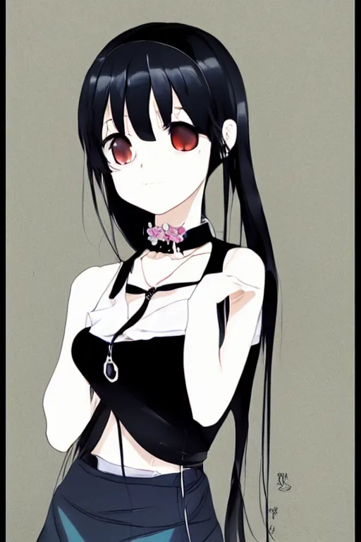 Image similar to portrait of a beautiful girl with black hair; wearing black choker and white shirt; drawn by WLOP, by Avetetsuya Studios, attractive character, colored sketch anime manga panel