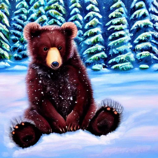 Image similar to cute fluffy baby bear cub sitting in snowy winter forest landscape detailed painting 4k