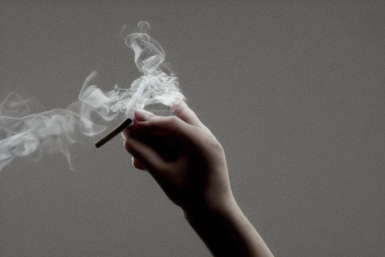 Image similar to A photo of thin soft hand holding cigarette with smoke, hyper realistic, black background