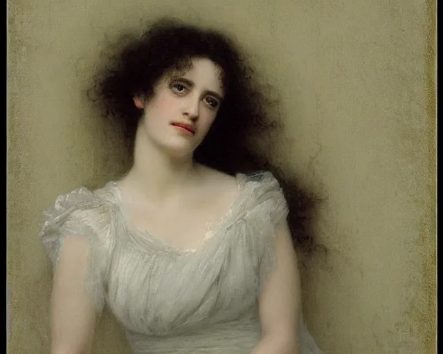 Image similar to portrait en buste of eva green in repose by Hughes Merle, by Pierre Auguste Cot, lackadaisical, aimless mood, perfectly detailed eyes, realistic fabric, abundant detail