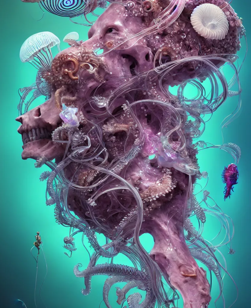 Image similar to goddess close-up portrait ram skull, thorax, x-ray, backbone, jellyfish phoenix head, nautilus, orchid, skull, betta fish, bioluminiscent creatures, intricate artwork by Tooth Wu and wlop and beeple. octane render, trending on artstation, greg rutkowski very coherent symmetrical artwork. cinematic, hyper realism, high detail, octane render, 8k