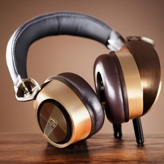 Image similar to masterpiece photo of beautiful crafted bismuth metal headphones, bismuth rainbow metal, bismuth cups, leather padding, displayed on mahogany desk, modernist headphones, bismuth headphones beautiful well designed, hyperrealistic, audiophile, intricate hyper detail, extreme high quality, photographic, meze audio, sennheiser, hifiman, artstation