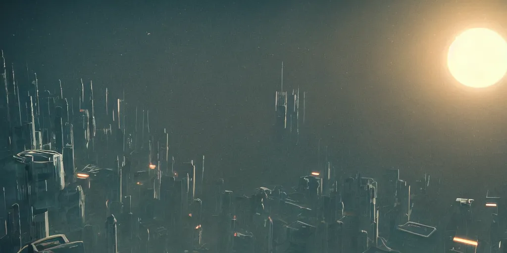 Image similar to cinematic shot of a city in the moon's hollow, russian orbit city cityscape, telephoto, iconic scene from the paranoid thriller sci fi film directed by stanley kubrick, anamorphic cinematography, beautiful composition, color theory, leading lines, photorealistic, moody volumetric lighting