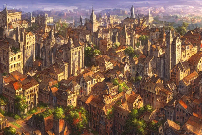 Image similar to medieval city landscape, beautiful, artstation trending, deviantart, highly detailed, focus, smooth, by hirohiko araki, yoshitaka amano