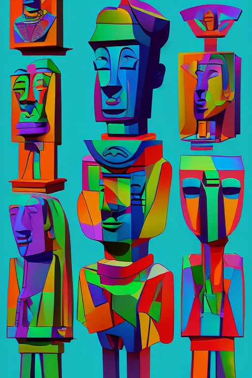 Image similar to cubist moai statue cutout digital illustration cartoon colorful beeple