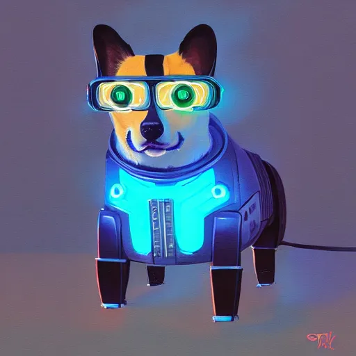 Prompt: a cyberpunk corgi robot, digital painting by simon stalenhag