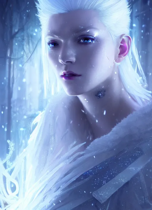 Image similar to a beautiful white haired ice queen, glowing magic snowflakes, intricate concept art, elegant, highly detailed, digital painting, smooth, sharp focus, illuminated lines, outrun, vaporware, illuminated runes, cyberpunk darksynth, ethereal, ominous, misty, 8 k, by ruan jia and craig mullins and alphonse mucha