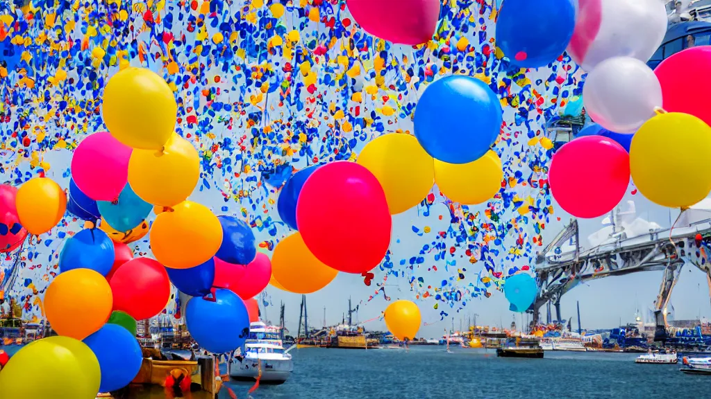 Image similar to photo of a lot of birthday balloons floating above a beautiful maritime port. sharp focus, highly - detailed, award - winning