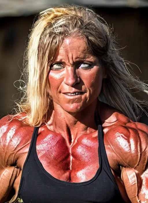 Image similar to beautiful bodybuilder woman warrior during the thermopolis carnage