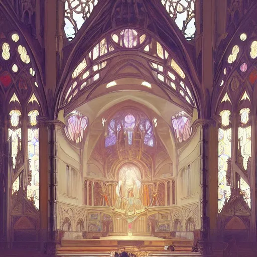 Prompt: a beautiful picture of the interior of a cathedral designed by Alphonse Mucha and Greg Rutkowski, trending on Artstation