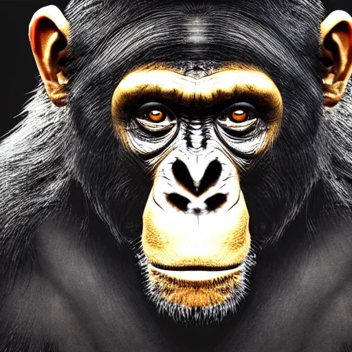 Image similar to [mobster chimp, close up, abstract logo on a dark background]