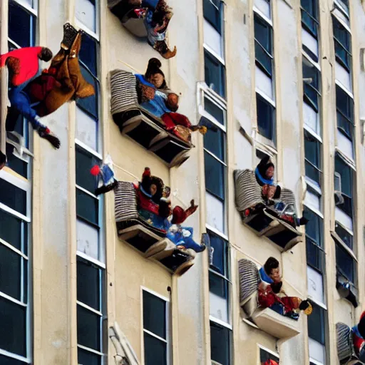 Image similar to some dwarfs are making some backward somersault from a balcony, close up photography