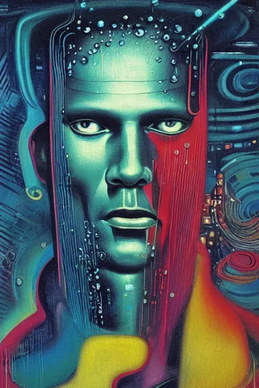 Image similar to 8 0 s art deco close up portait of an insnae man with spiral eyes, rain like a dream oil painting curvalinear clothing cinematic dramatic cyberpunk textural fluid lines otherworldly vaporwave interesting details fantasy lut epic composition by basquiat zdzisław beksinski james jean artgerm rutkowski moebius francis bacon gustav klimt