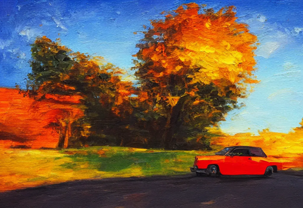 Image similar to one red car driving in the road, nature, golden hour, rule of thirds, brush strokes, oil painting