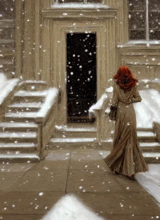 Image similar to back of emma stone in beige coat, walking into new york apartment building in winter, opening door, building entrance, snow, zoomed out, artwork by gaston bussiere, craig mullins, trending on artstation