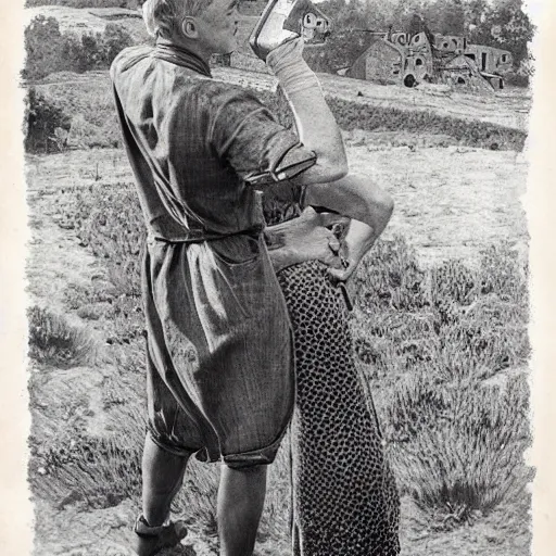 Image similar to “stunning, highly detailed portrait, very detailed, couple, from behind, blonde, remote village, from side, holding tin can, color vintage magazine illustration 1950”