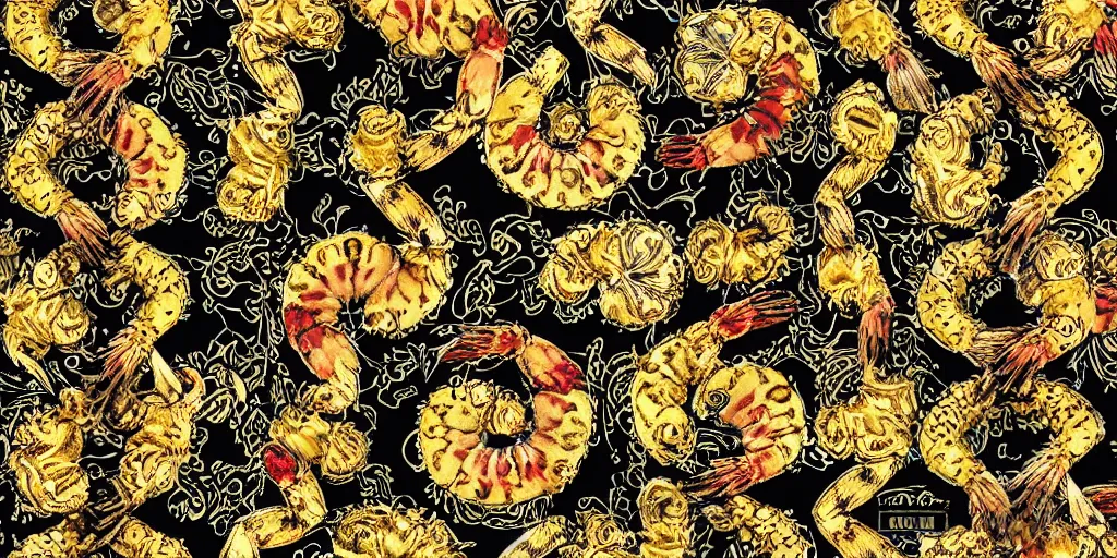 Prompt: versace gucci textile print design detailed intricate fine gold black tiger shrimp digital file high resolution autumn fashion