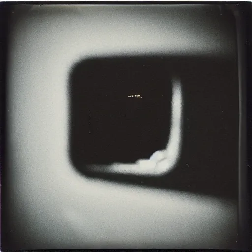 Prompt: dark room with a face peeking through a window, old polaroid, expired film, eerie,