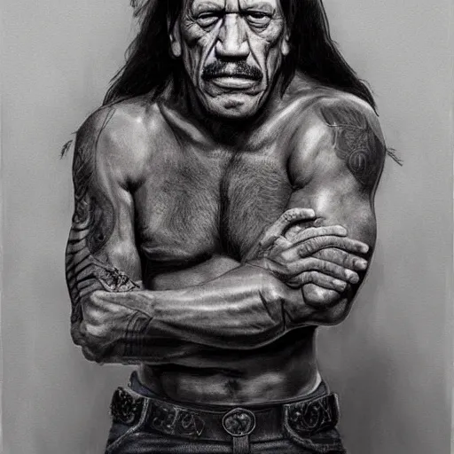 Prompt: danny trejo having staring contest with bear, photorealistic, concept, artstation