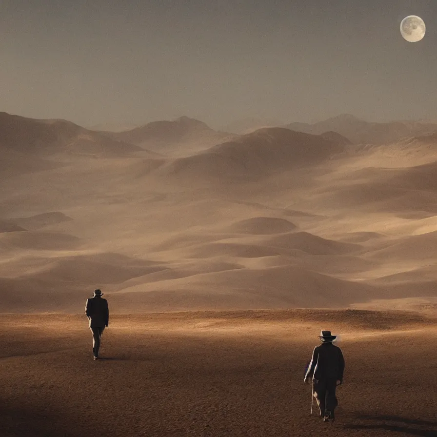 Image similar to a beautiful landscape of a powerful man wandering in a vast desert lit by the man in the moon