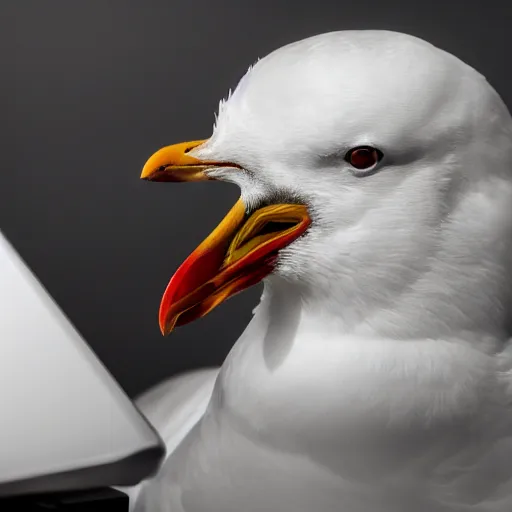 Prompt: an angry seagull typing at a computer in it's bedroom, close up, studio portrait