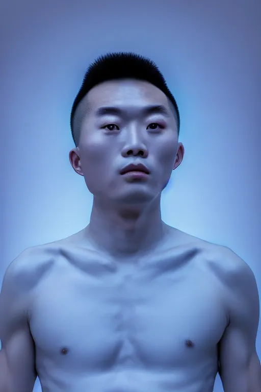 Prompt: high quality 35mm photo very expressive pearlescent! chinese man exoskeleton highly detailed eric zener elson peter cinematic blue lighting high angle hd 8k sharp shallow depth of field